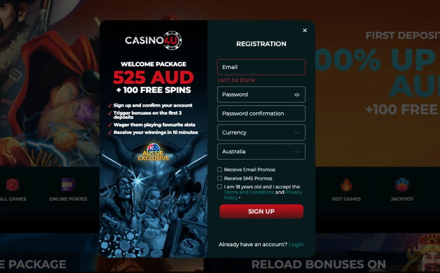 Casino4u new account registration form